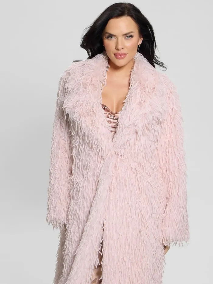 GUESS Jackets and Coats Fenix FauxFur Longline Coat Pink 8211 Women