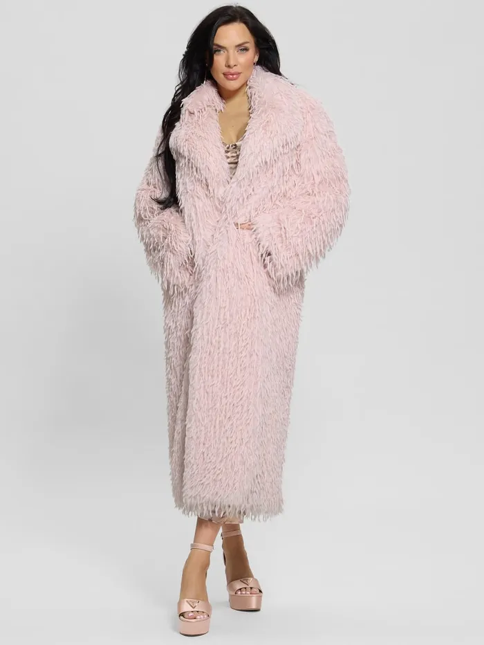 GUESS Jackets and Coats Fenix FauxFur Longline Coat Pink 8211 Women