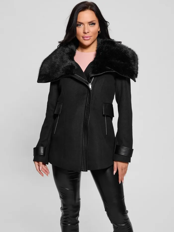 GUESS Jackets and Coats Lilia FauxFur Collar Coat Black 8211 Women