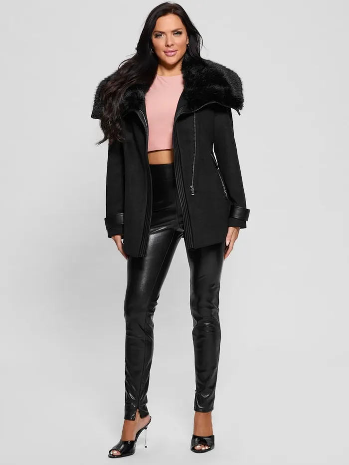 GUESS Jackets and Coats Lilia FauxFur Collar Coat Black 8211 Women