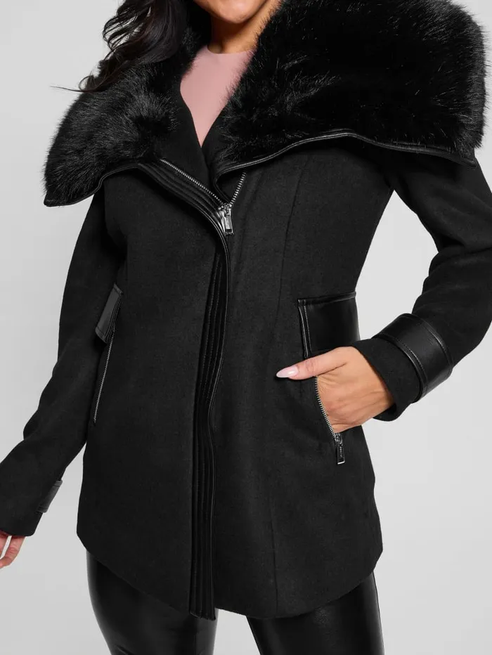 GUESS Jackets and Coats Lilia FauxFur Collar Coat Black 8211 Women