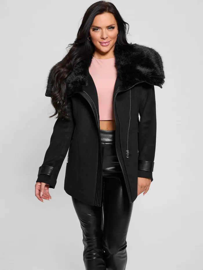 GUESS Jackets and Coats Lilia FauxFur Collar Coat Black 8211 Women