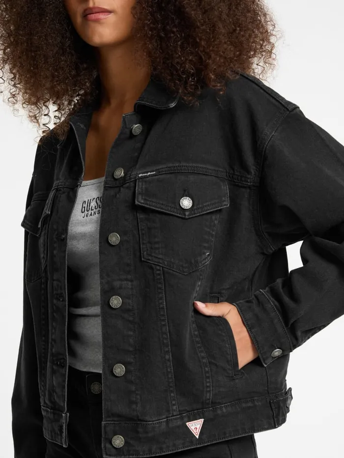GUESS Jackets and Coats Oversized Denim Trucker Jacket Black 8211 Women