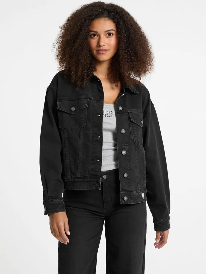 GUESS Jackets and Coats Oversized Denim Trucker Jacket Black 8211 Women