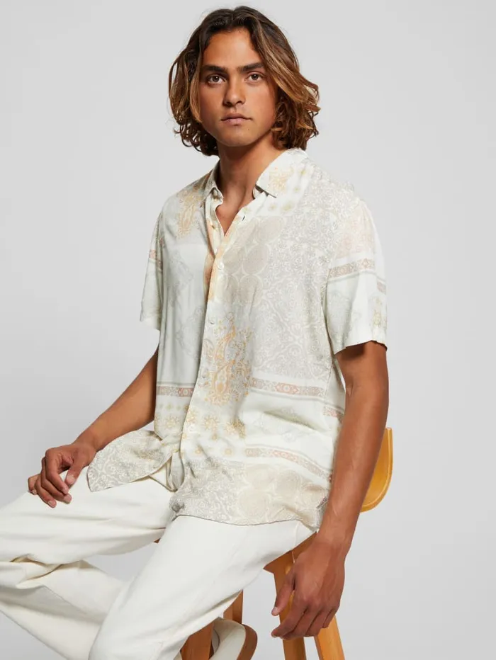GUESS Shirts Eco Rayon Patchwork Shirt Beige 8211 Men