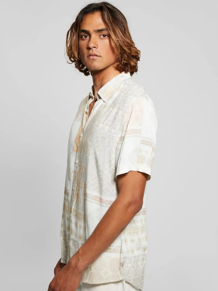 GUESS Shirts Eco Rayon Patchwork Shirt Beige 8211 Men