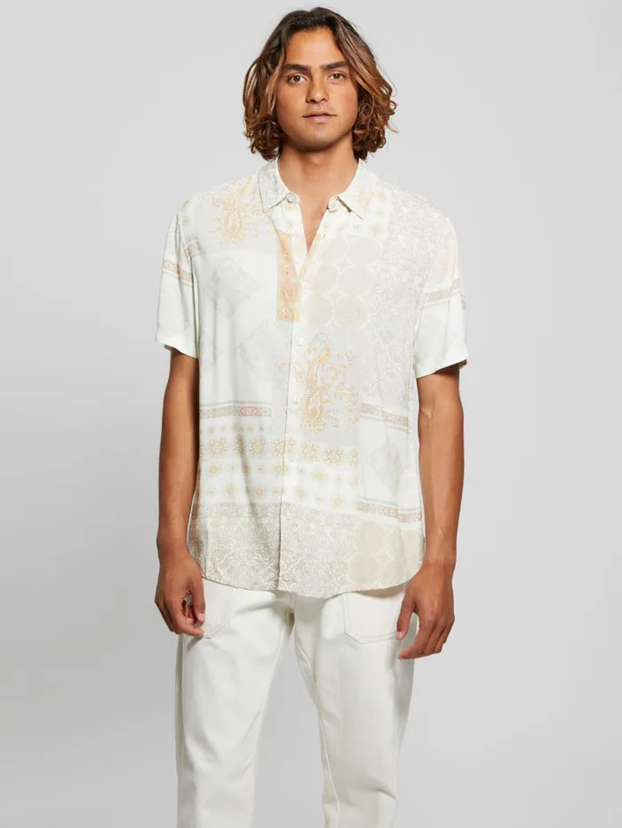 GUESS Shirts Eco Rayon Patchwork Shirt Beige 8211 Men