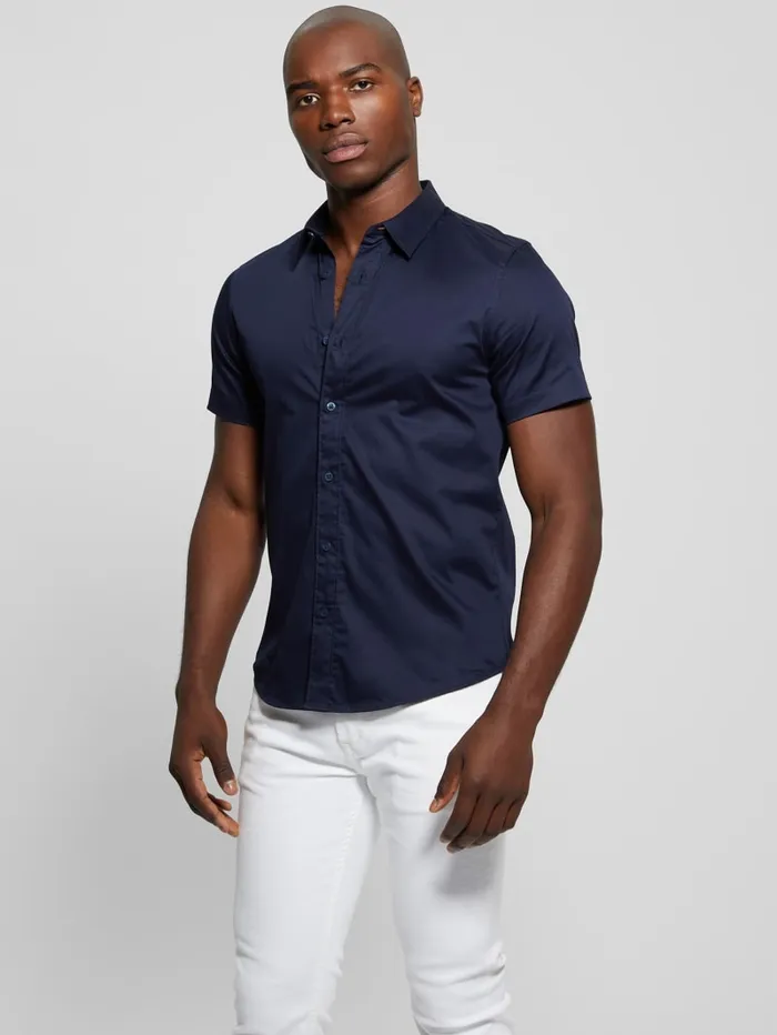 GUESS Shirts Luxe Stretch ShortSleeve Shirt Blue 8211 Men