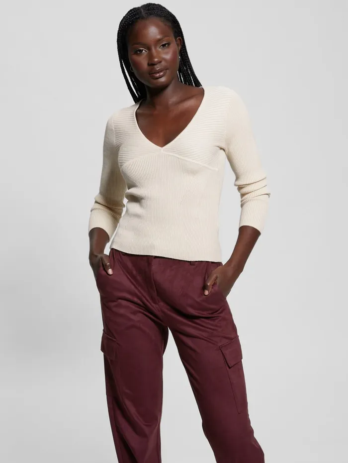 GUESS Tops Eco Cirila Ribbed Sweater Top Beige 8211 Women