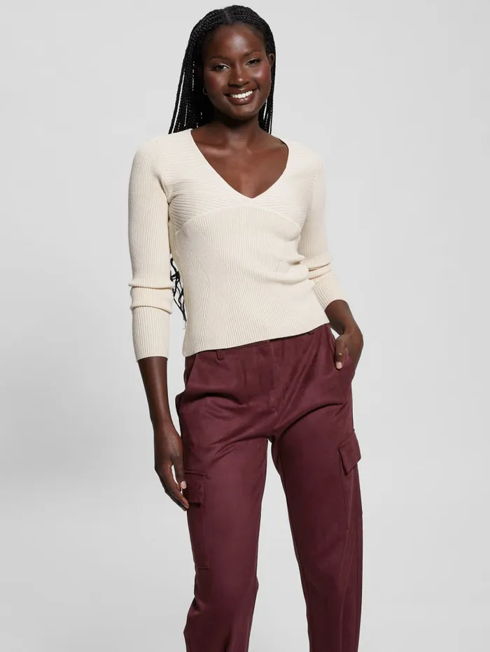 GUESS Tops Eco Cirila Ribbed Sweater Top Beige 8211 Women