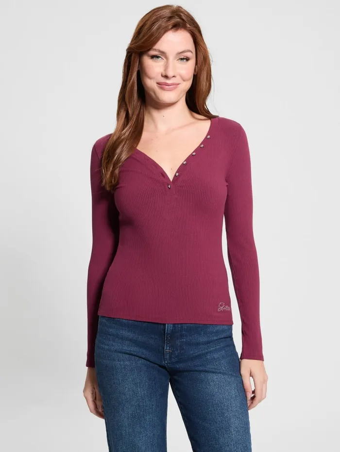 GUESS Tops Eco Kyla Rib Henley Tee Beige 8211 Women