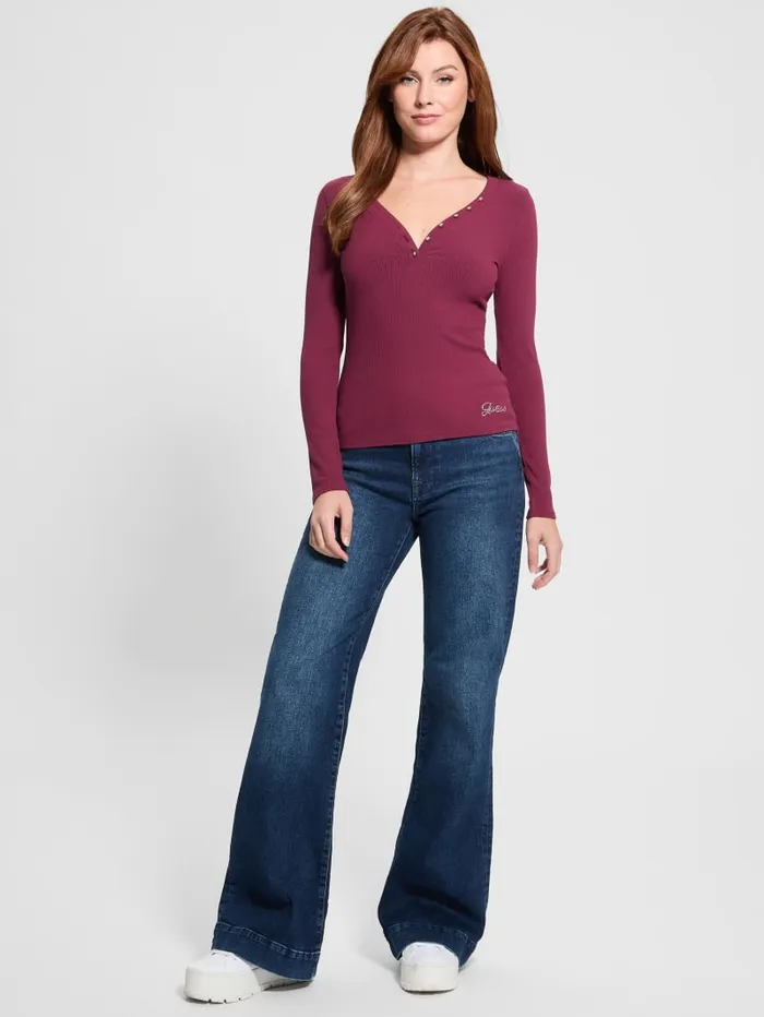 GUESS Tops Eco Kyla Rib Henley Tee Beige 8211 Women