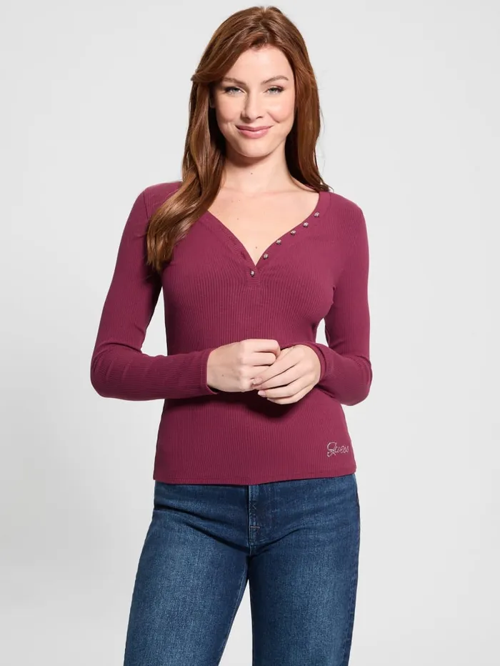 GUESS Tops Eco Kyla Rib Henley Tee Beige 8211 Women