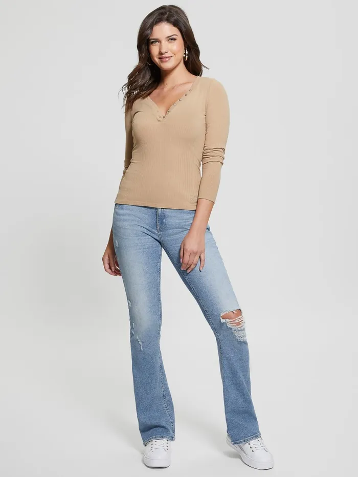 GUESS Tops Eco Kyla Rib Henley Tee Beige 8211 Women
