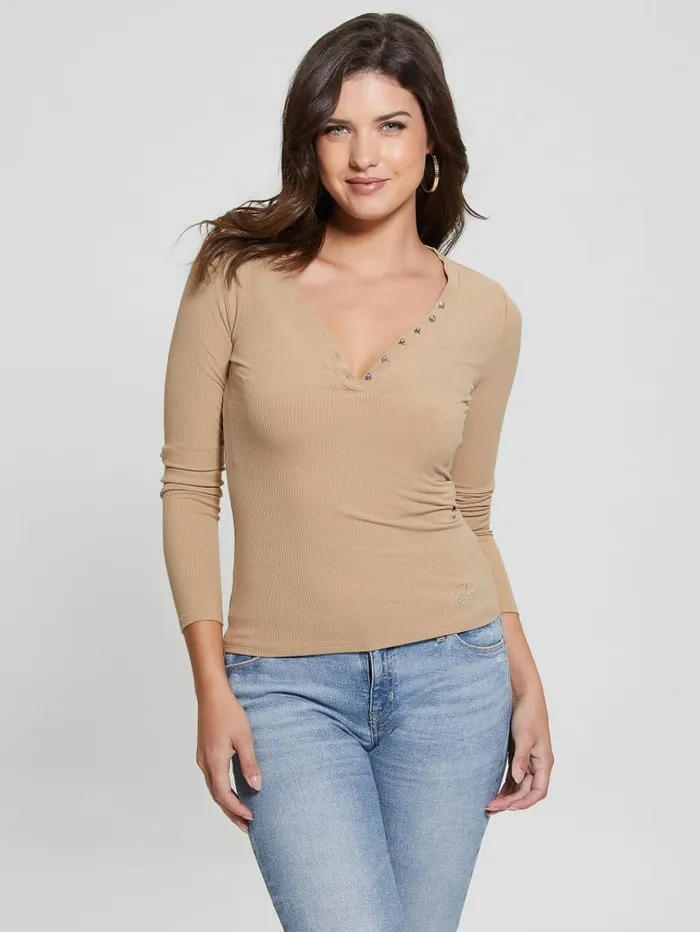 GUESS Tops Eco Kyla Rib Henley Tee Beige 8211 Women