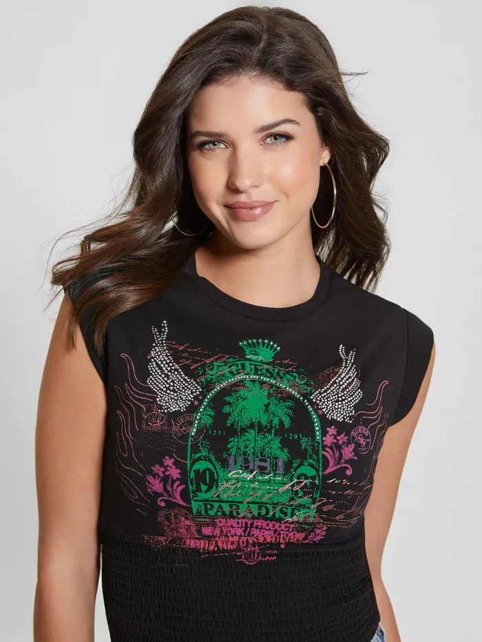 GUESS Tops Paradise Rocker Smocked Tee Black 8211 Women