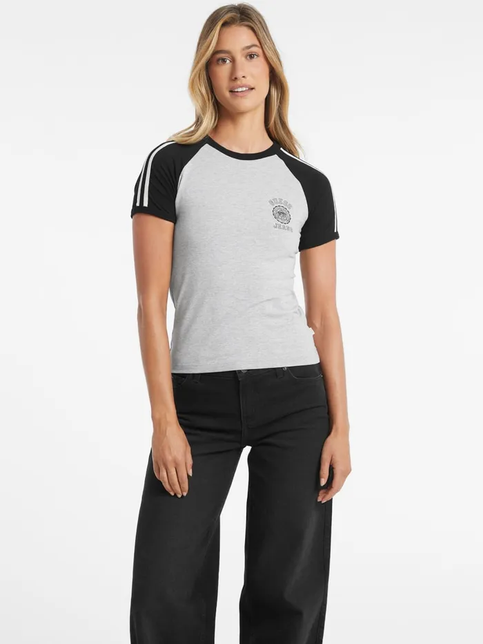 GUESS Tops Slim Crest Logo Raglan Tee Gray 8211 Women