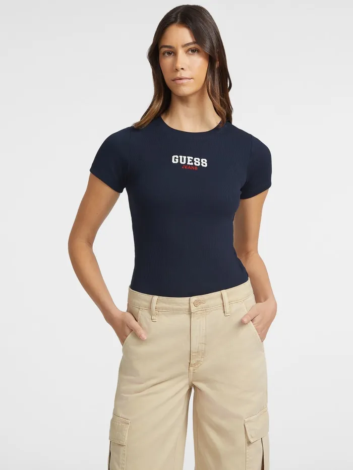 GUESS Tops Slim RibKnit Embroidered Tee Blue 8211 Women