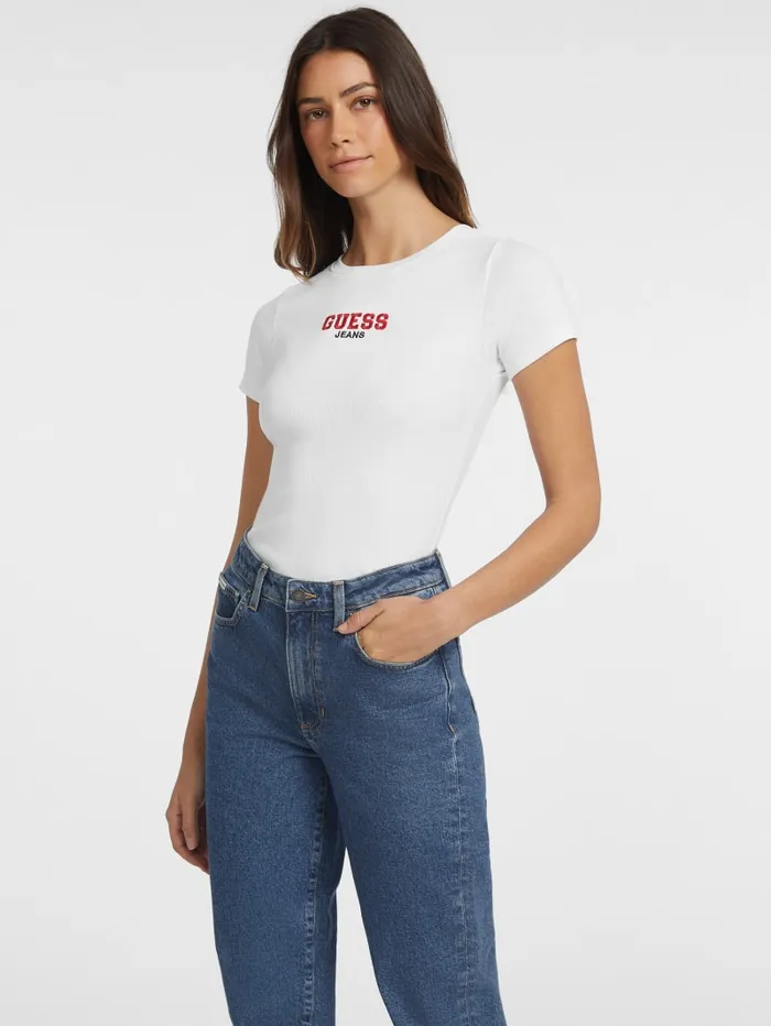 GUESS Tops Slim RibKnit Embroidered Tee Blue 8211 Women