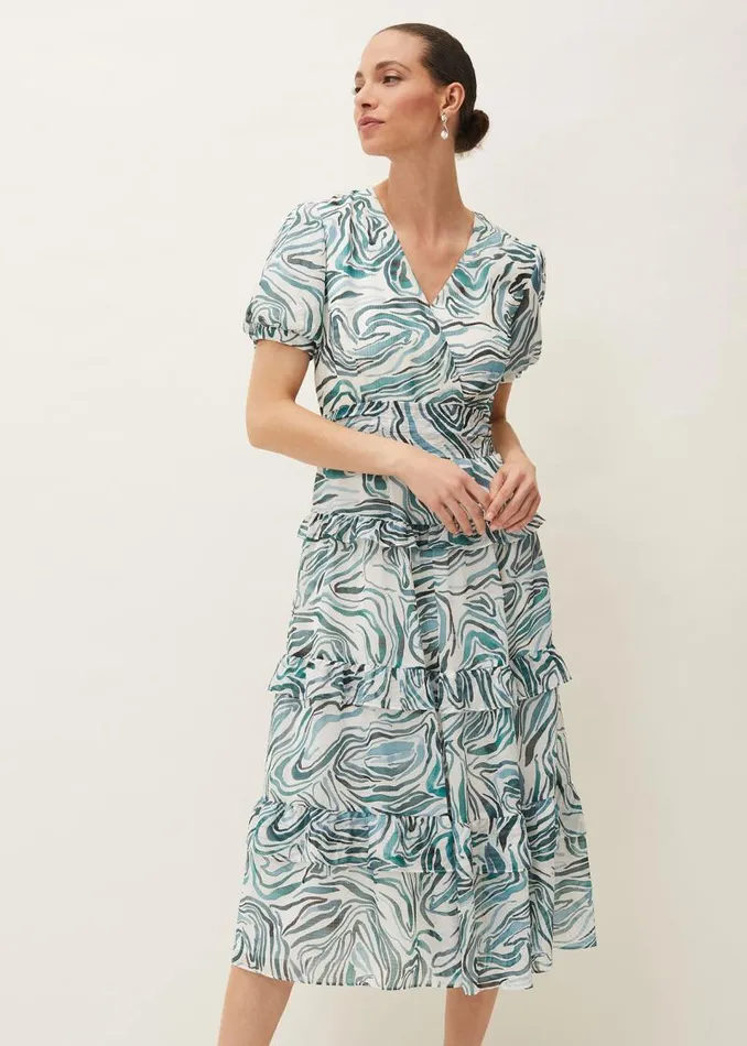 Iona Swirls Print Tiered Short Sleeved Midi Dress Aquamarineecru Women Phase Eight Dresses