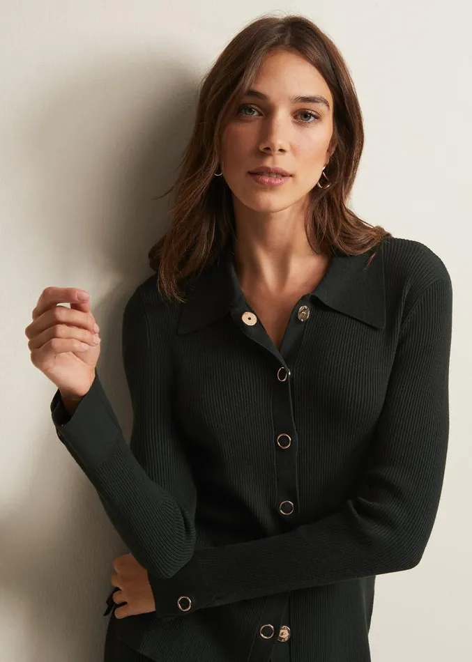 Irina Ribbed Button Front Knit Top Dark Green Women Phase Eight Knitwear