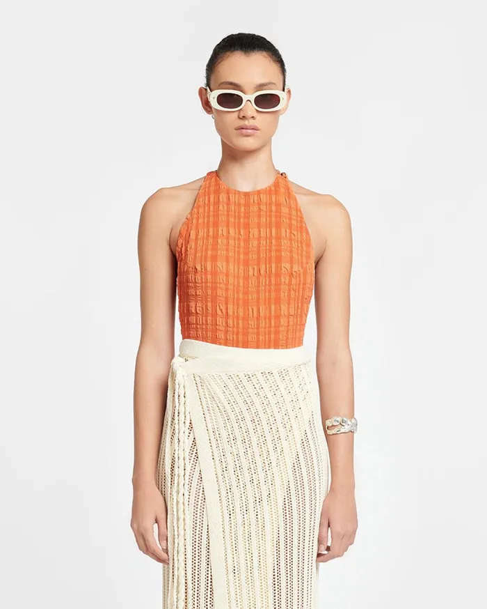 Irina Seersucker Bodysuit Sunset Orange Women Nanushka Tops