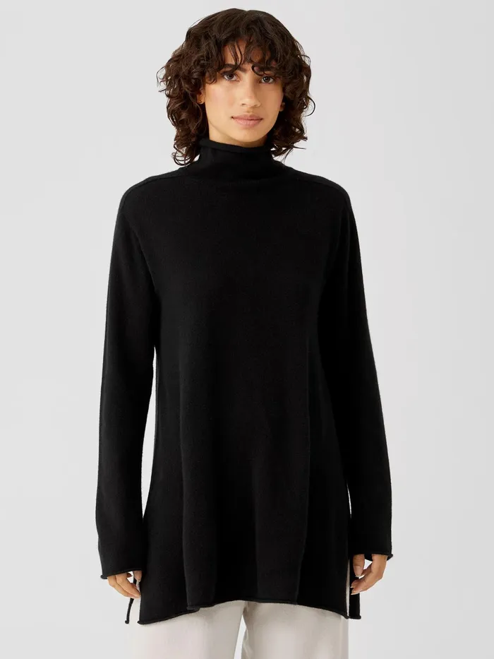 Italian Cashmere Turtleneck Long Top Black Women Eileen Fisher Sweaters and Cardigans