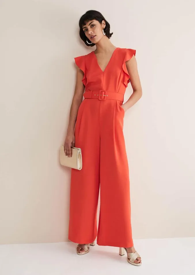 Kallie V Neck Frill Jumpsuit Orange Women Phase Eight Dresses