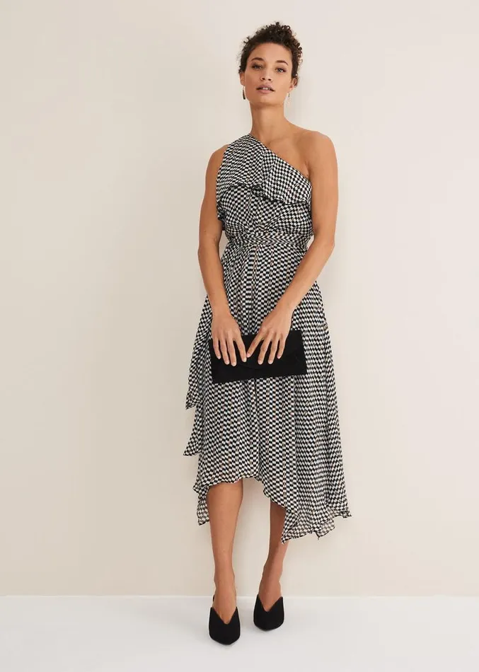 Kaz Checked One Shoulder Midi Dress Blackwhite Women Phase Eight Dresses