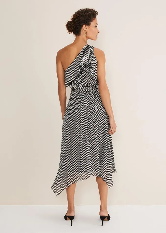 Kaz Checked One Shoulder Midi Dress Blackwhite Women Phase Eight Dresses