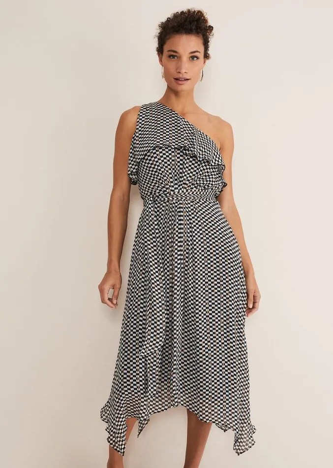 Kaz Checked One Shoulder Midi Dress Blackwhite Women Phase Eight Dresses