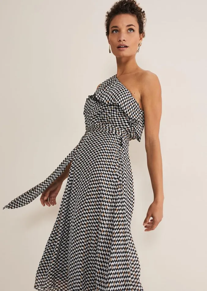 Kaz Checked One Shoulder Midi Dress Blackwhite Women Phase Eight Dresses