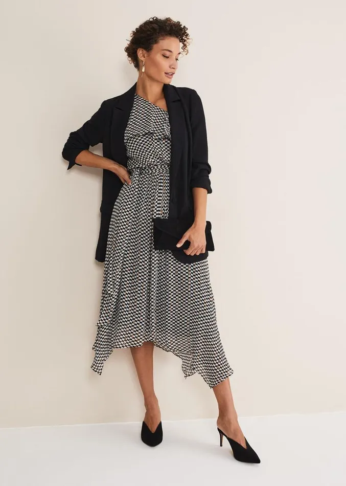 Kaz Checked One Shoulder Midi Dress Blackwhite Women Phase Eight Dresses