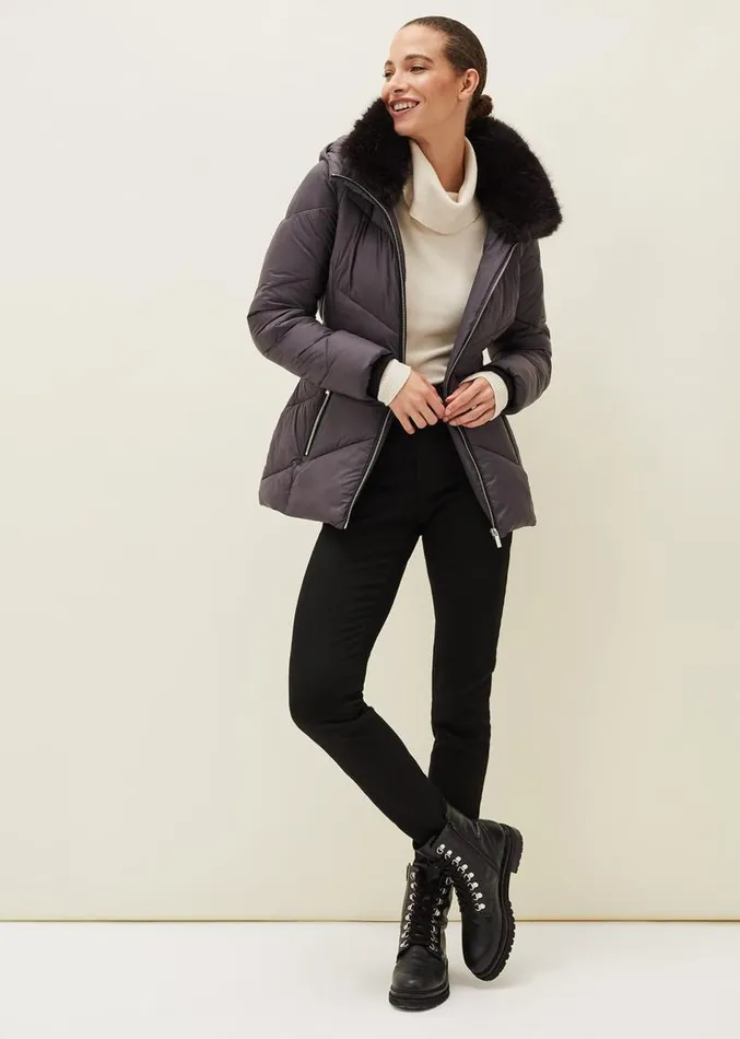 Krissy Short High Shine Puffer Coat Pewter Women Phase Eight Coats