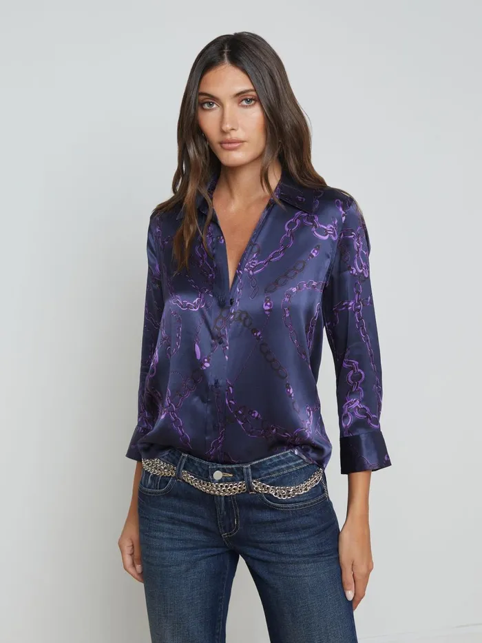 L039Agence Blouses and Tops Women Dani Silk Blouse Midnightpurple Sketch Chain