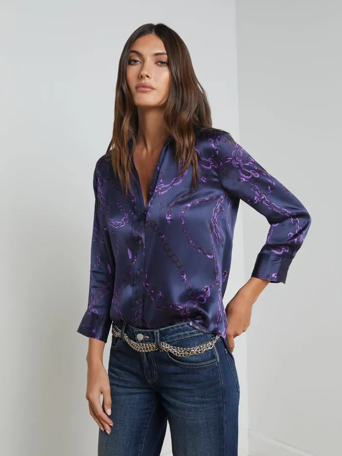 L039Agence Blouses and Tops Women Dani Silk Blouse Midnightpurple Sketch Chain L039Agence Blouses and Tops Women Dani Silk Blouse Midnightpurple Sketch Chain