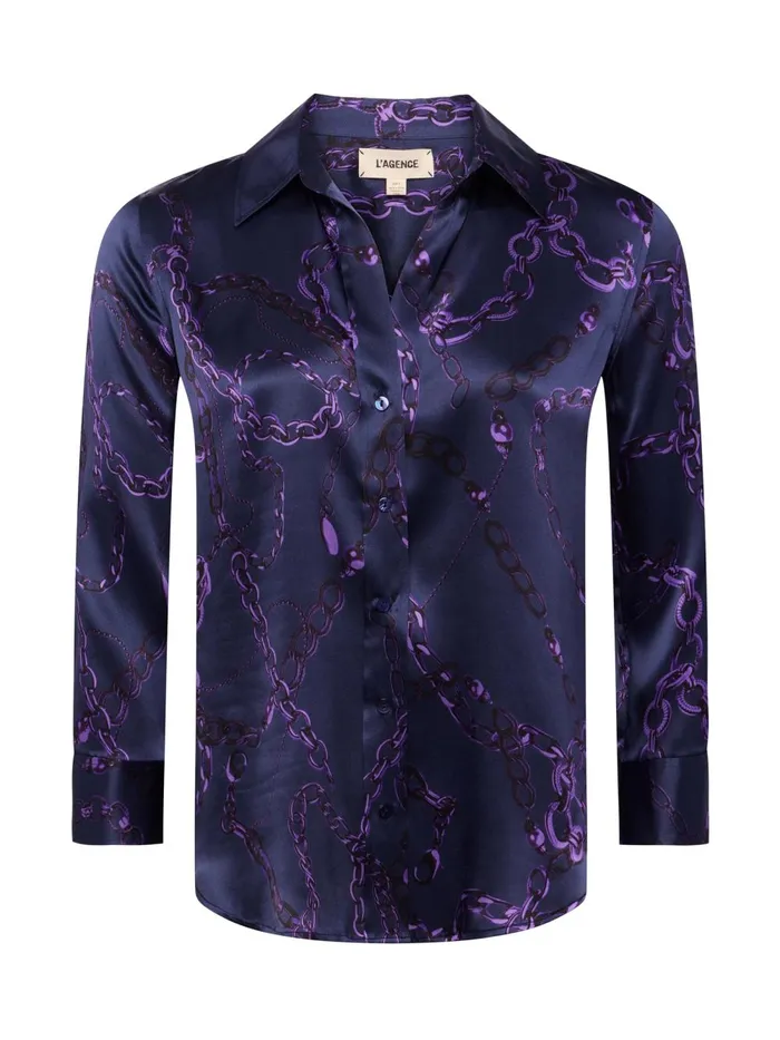 L039Agence Blouses and Tops Women Dani Silk Blouse Midnightpurple Sketch Chain L039Agence Blouses and Tops Women Dani Silk Blouse Midnightpurple Sketch Chain