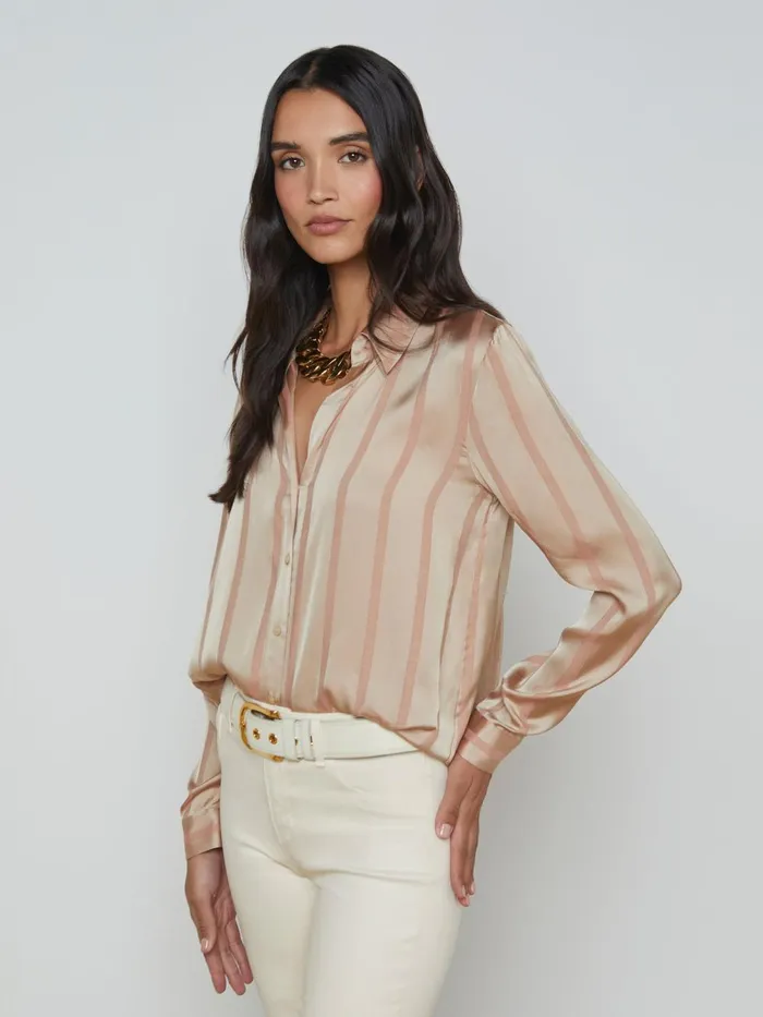 L039Agence Blouses and Tops Women Laurent Satin Blouse Champagne Multi Stripe