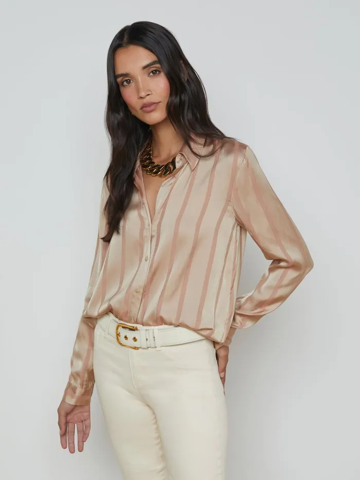 L039Agence Blouses and Tops Women Laurent Satin Blouse Champagne Multi Stripe L039Agence Blouses and Tops Women Laurent Satin Blouse Champagne Multi Stripe