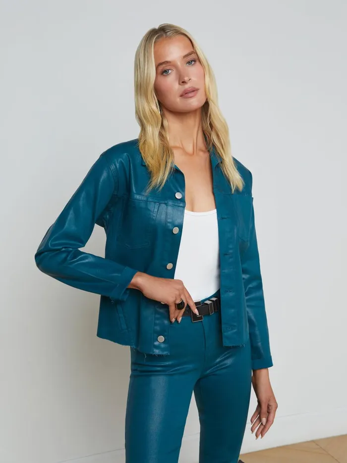 L039Agence Coated Denim Women Janelle Coated Denim Jacket Deep Teal Coated