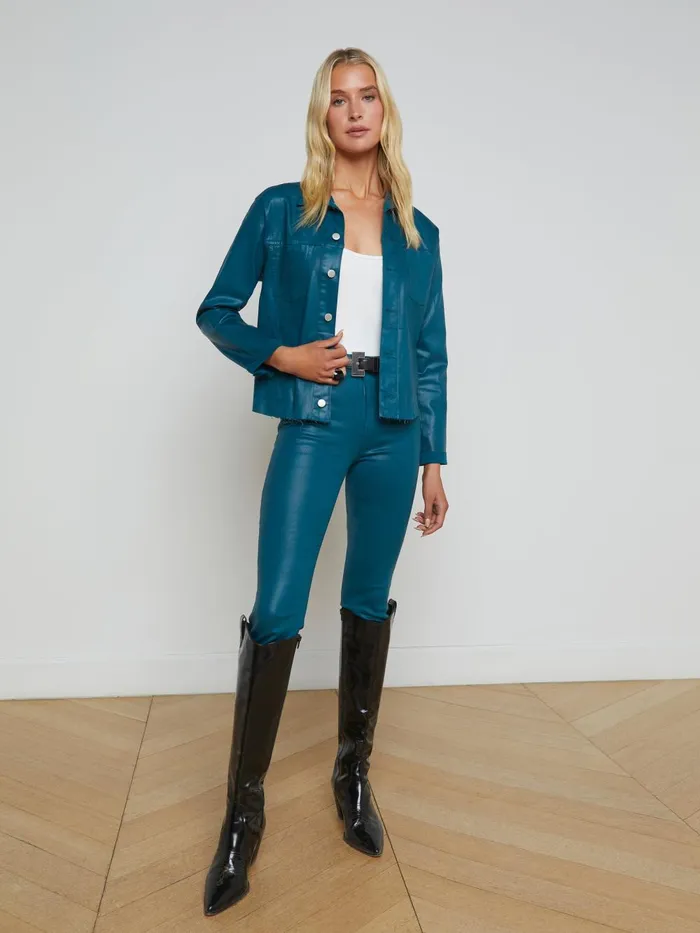 L039Agence Coated Denim Women Janelle Coated Denim Jacket Deep Teal Coated L039Agence Coated Denim Women Janelle Coated Denim Jacket Deep Teal Coated