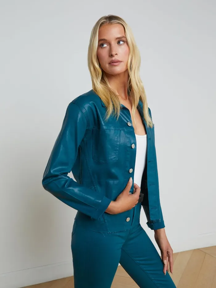 L039Agence Coated Denim Women Janelle Coated Denim Jacket Deep Teal Coated L039Agence Coated Denim Women Janelle Coated Denim Jacket Deep Teal Coated