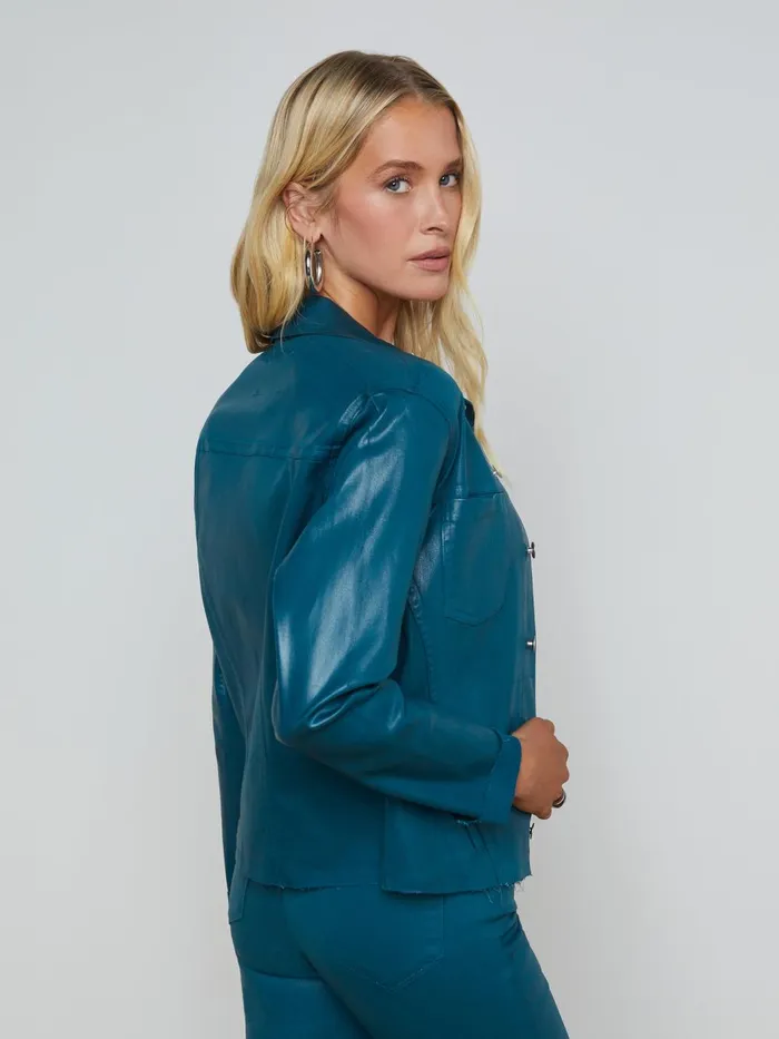 L039Agence Coated Denim Women Janelle Coated Denim Jacket Deep Teal Coated L039Agence Coated Denim Women Janelle Coated Denim Jacket Deep Teal Coated