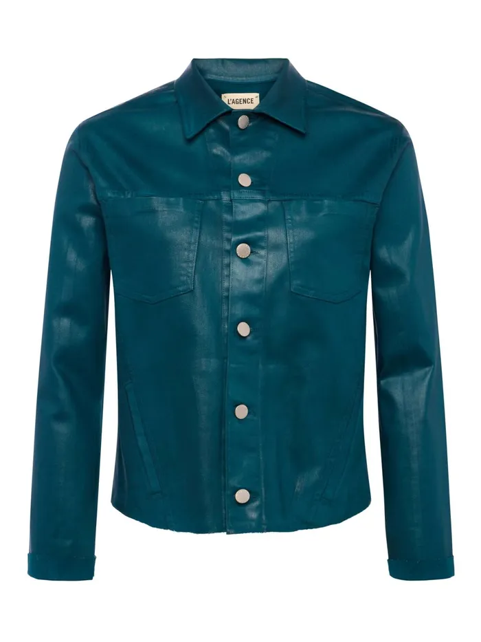 L039Agence Coated Denim Women Janelle Coated Denim Jacket Deep Teal Coated L039Agence Coated Denim Women Janelle Coated Denim Jacket Deep Teal Coated