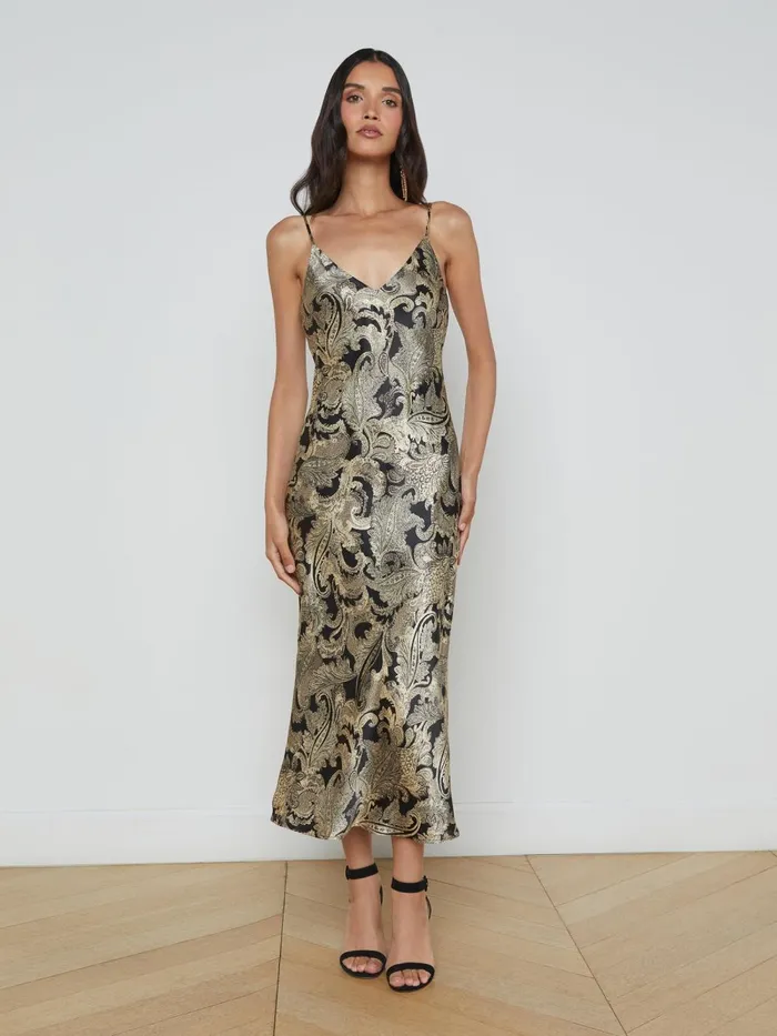 L039Agence Dresses and Jumpsuits Women Seridie Silk Slip Dress Gold Multi Textured Paisley