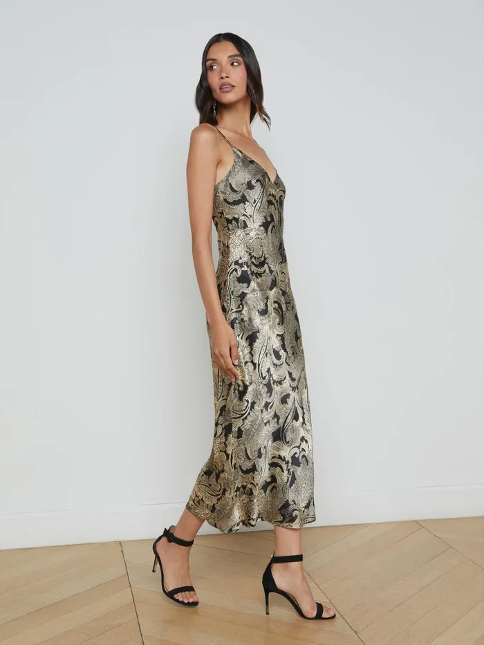 L039Agence Dresses and Jumpsuits Women Seridie Silk Slip Dress Gold Multi Textured Paisley L039Agence Dresses and Jumpsuits Women Seridie Silk Slip Dress Gold Multi Textured Paisley