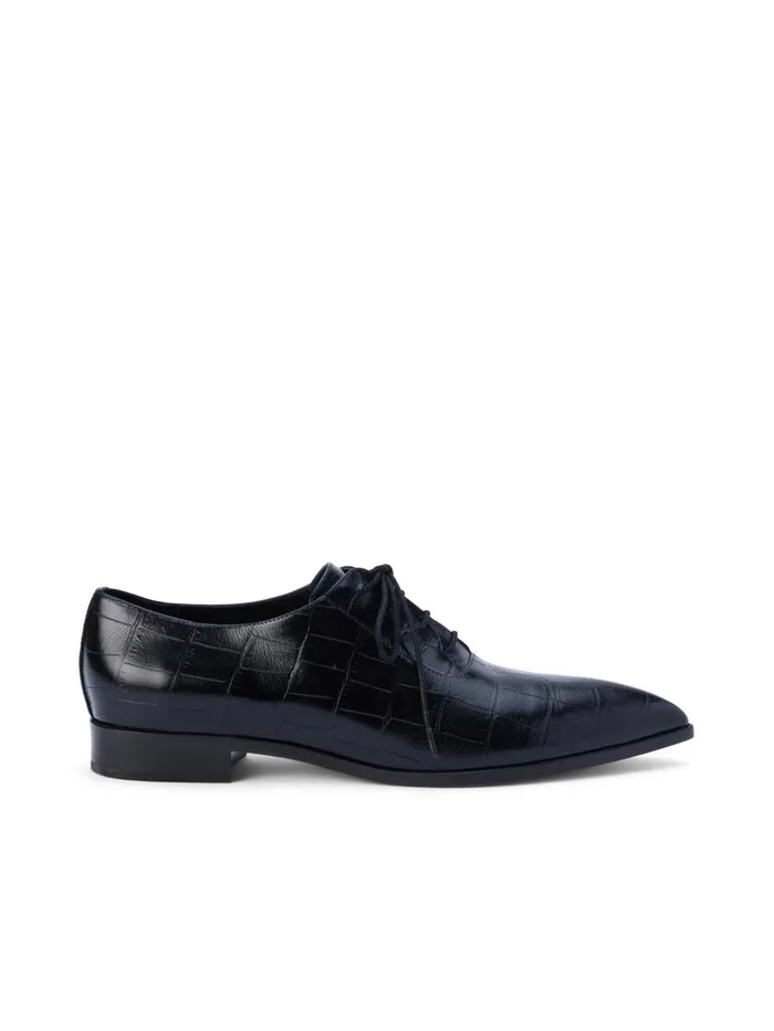 L039Agence Flats and Loafers Women Elisa Leather Oxford Black Croco Embossed