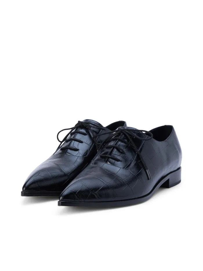 L039Agence Flats and Loafers Women Elisa Leather Oxford Black Croco Embossed
