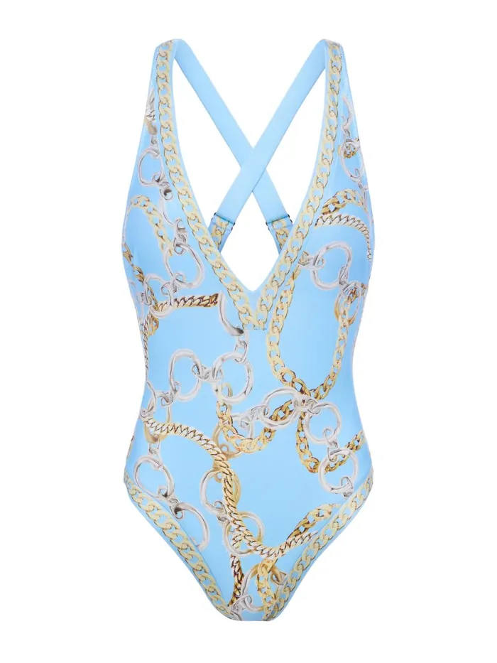 L039Agence Swimwear Women Lisa Plunge OnePiece Swimsuit Sky Blue Multi Chain
