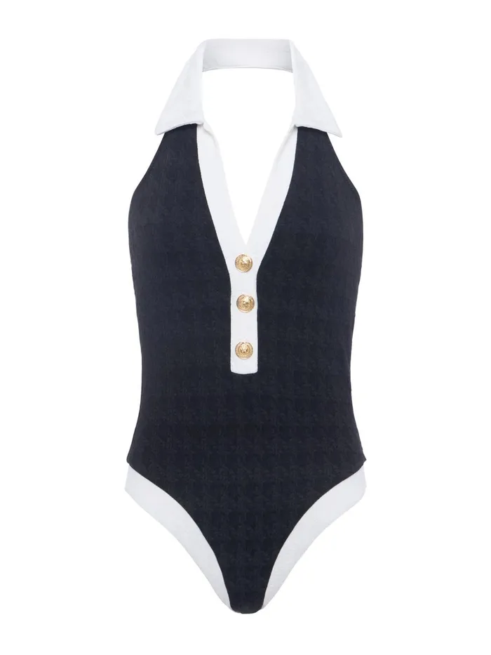L039Agence Swimwear Women Natalya Collared OnePiece Blackwhite